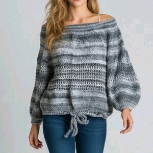 Off-The-Shoulder Crochet Sweater Womens Large Gray Handmade Oversized Knit Boho